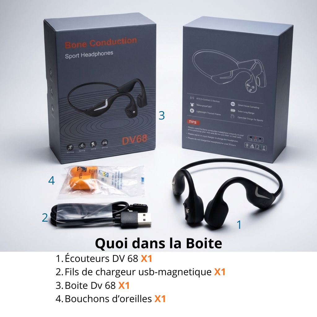 Contenu de la boîte DV 68 - Écouteurs à Conduction Osseuse Sport